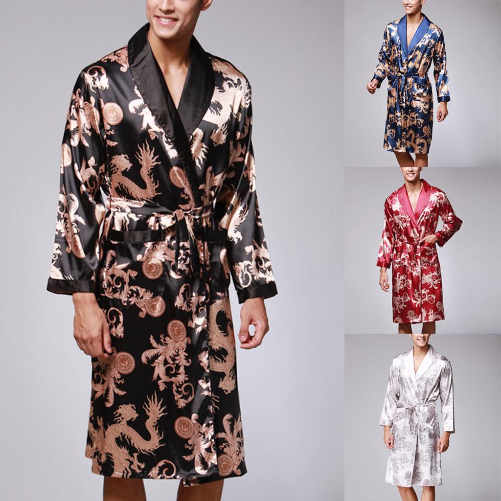 Men Simulation Silk Print Plus Size Pajamas Lingerie Robe Bathrobe Dressing Gown