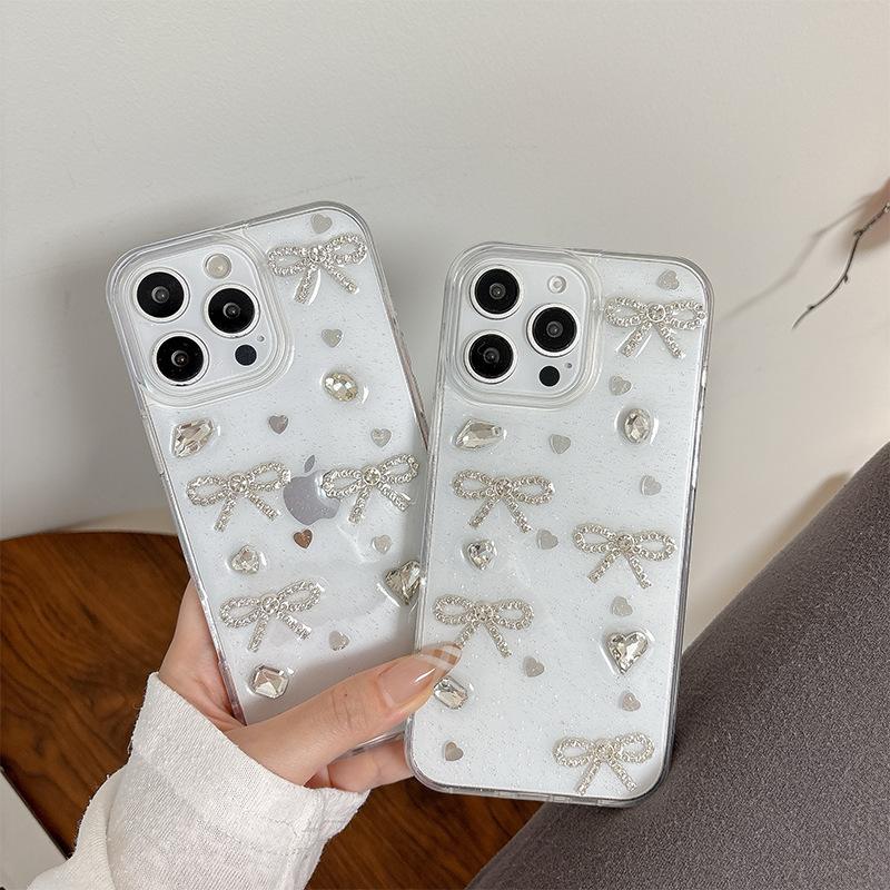 Three-dimensional Rhinestone Bow Pearl for IPhone17pro Phone Case for Apple 16 Glitter 15 Transparent 14 Women