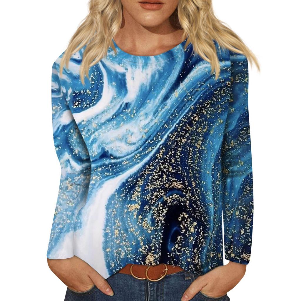 Women's Fashion Casual Long Sleeve Print Round Neck Pullover Top Blouse