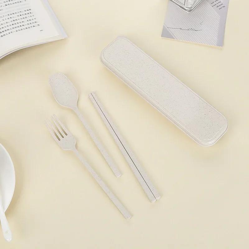 Portable Cutlery Box, 3pcs/set Travel Dinnerware Sets, Japan Style Wheat Straw Knife Fork Spoon, Student Kitchen Tableware