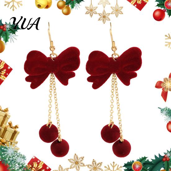 Retro Style Suede Drop Earrings 1 Pair Velvet Bow for Women, Red Christmas Bowknot Dangle Gift Her with Ball Charm, Jewelry New Year Xmas Festival
