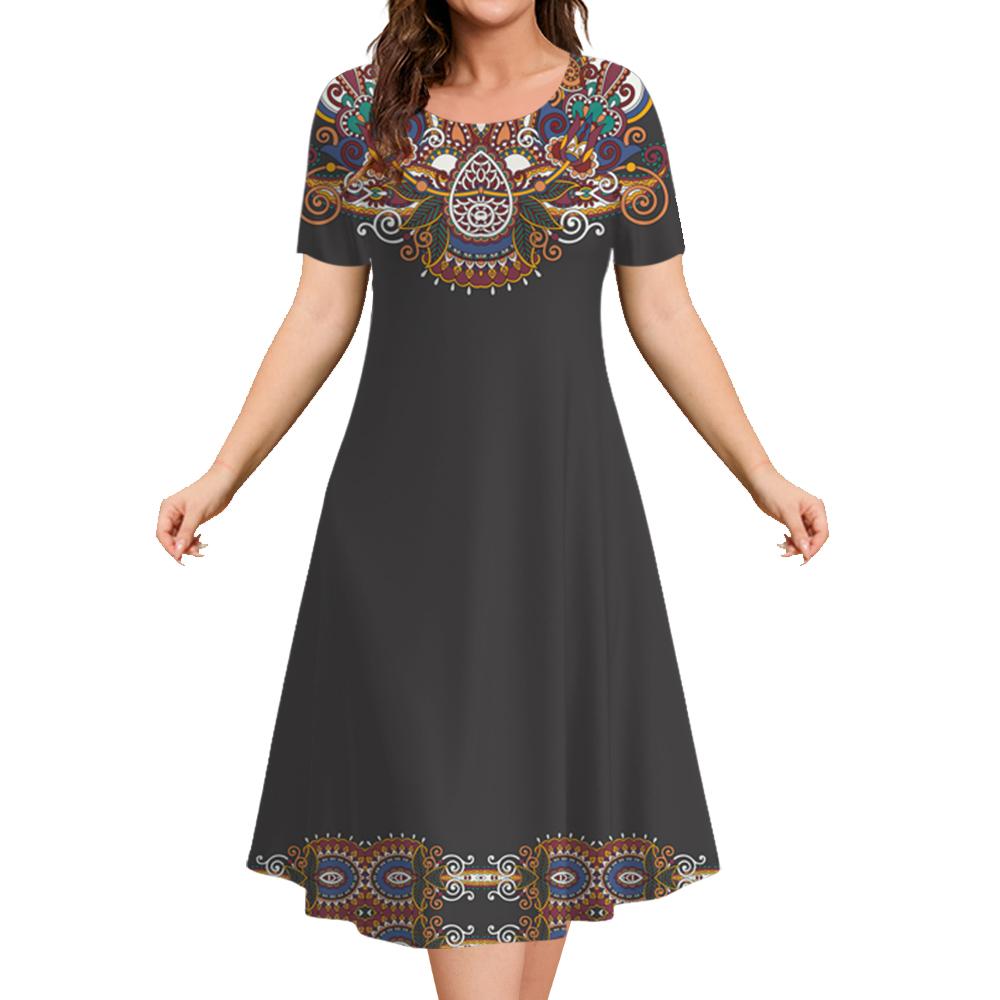 2025 Vintage Women's Dresses Printed Summer Luxury Ethnic Midi Dresses Female Short Sleeve Dress Fashion Oversized Clothes