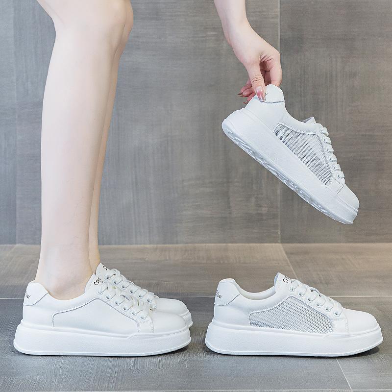 Кожаные белые туфли женские новые летние дышащие сетчатые туфли универсальные спортивные белые повседневные кроссовки мода