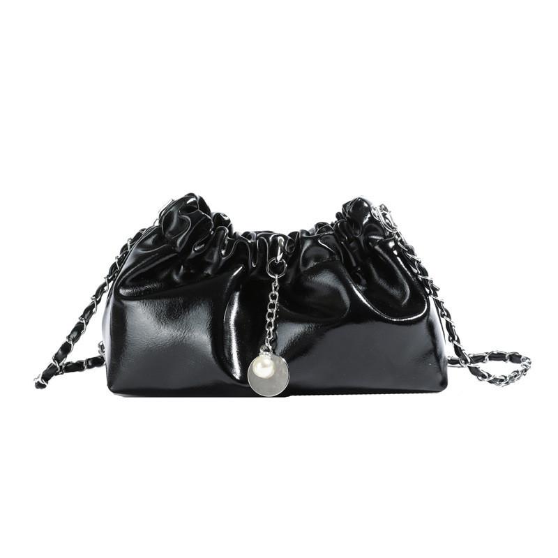 Fashionable Black And Silver Pu Bucket Bag For Ladies With Chic Ruffled Design