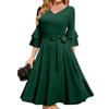 Women's Elegant Bell Sleeve Cocktail Party Dresses For Wedding Guest Fit And Flare Church Midi Evening Dress