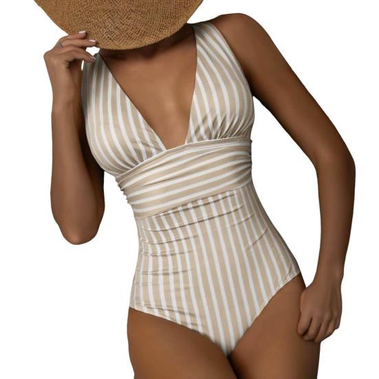 Женский монокини с глубоким V-образным вырезом без рукавов, облегающий слитный купальник-бикини с полосатым принтом и высокой талией, утягивающий живот