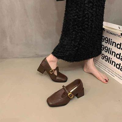 Модные Горячие Продажи 2025 Туфли на Ремешке Кожаные Женские Французский Квадратный Носок Туфли Мэри Джейн Ретро Коричневые Средний Каблук Оксфорды Женские Лодочки