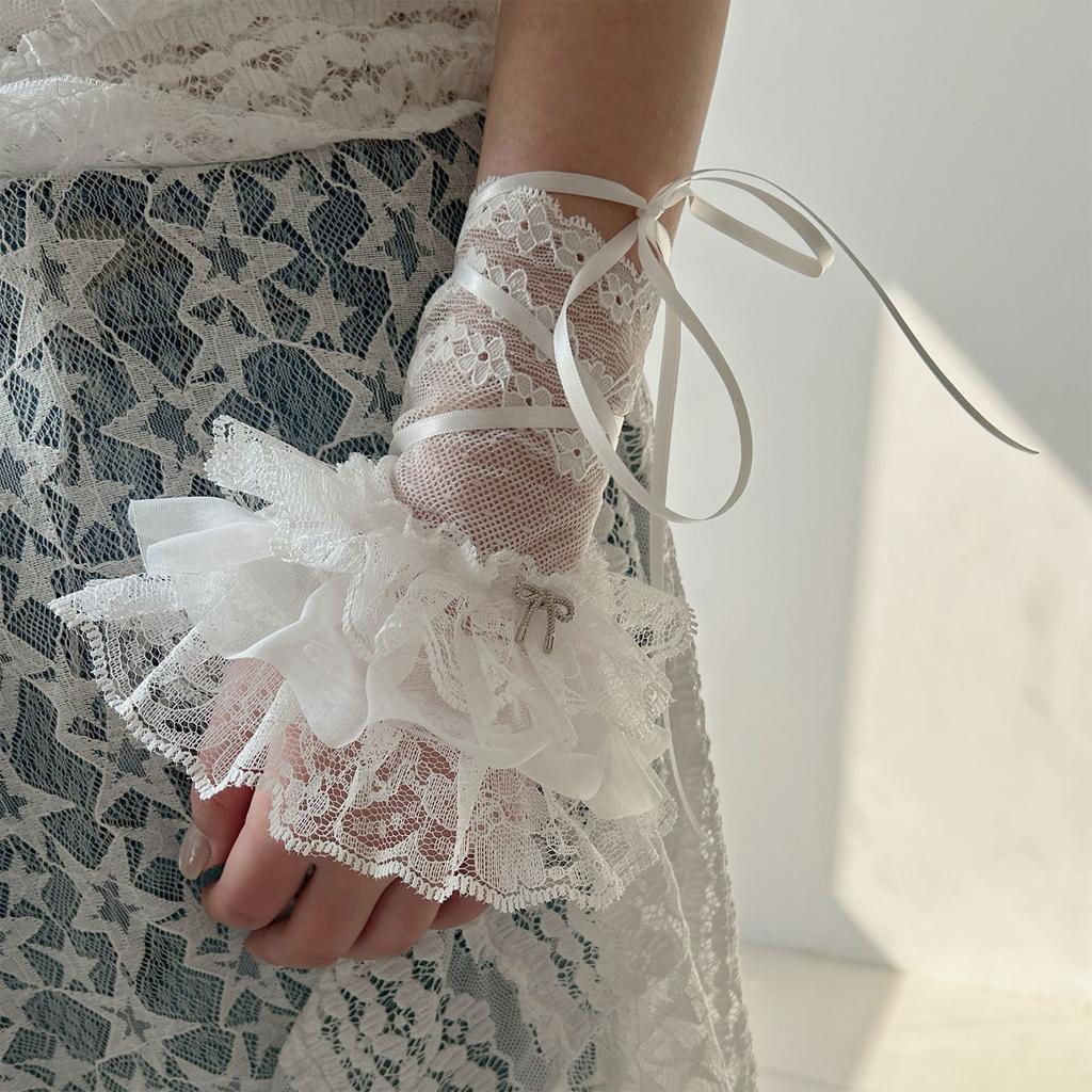 Lolita Ribbon Wrist Cuffs Detachable Wristband Elegant Pleated Lace Brim False Wristband for Balletcore Accessories