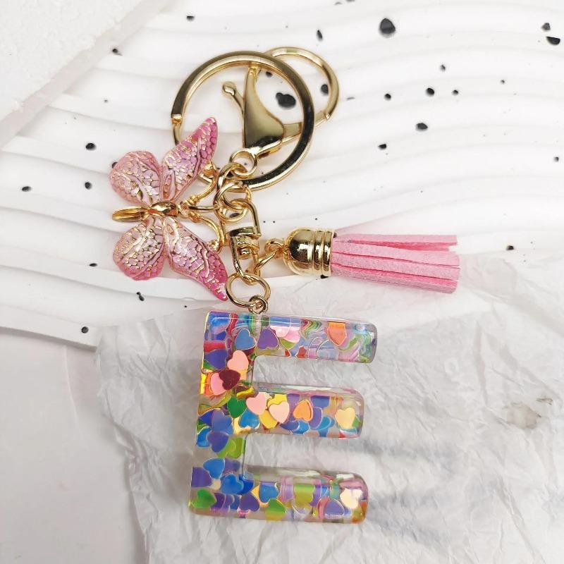 A-Z Dreamy Letters Keychain for Women Tassels Butterfly Pendant Initial Keyrings Purse Suspension Bags Car Key Chain Pink