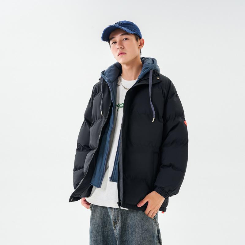 Hong Kong Style Loose Large Size Fake Two Hooded Jackets Thickened Winter Couple Cotton Clothes