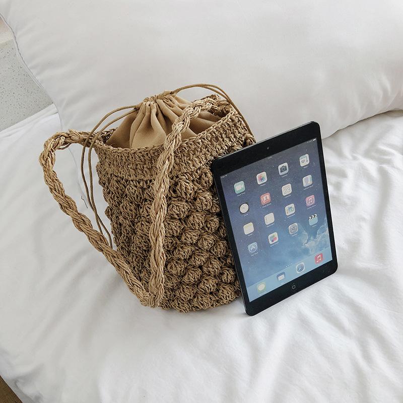 Summer Handmade Crossbody Bag for Women Beach Weaving Drawstring Straw Bucket Shoulder Bag