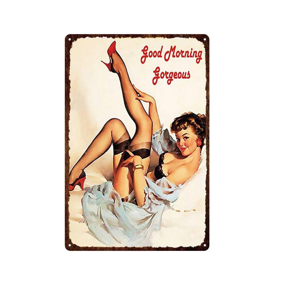 Жестяная картина Элегантная девушка пин-ап Ретро постеры Жестяная табличка Металлическая табличка Декор Стена Женский портрет Бар Паб Клуб Мужская пещера Картинки
