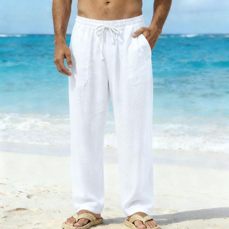 Мужские повседневные прямые длинные брюки из льна однотонные с карманами и кулиской на талии