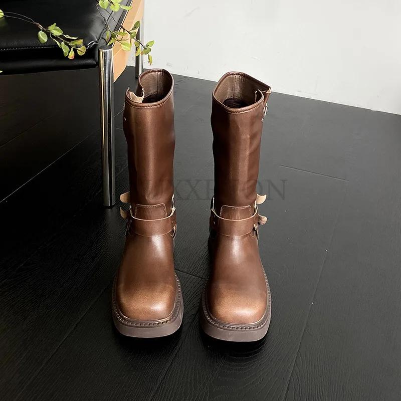 Мода Платформа Ботинки Combat Молния Chuny Heel Пряжка Винтаж Мода Повседневный Роскошь Дизайнер Western Mid Calf Boots Обувь Женщина