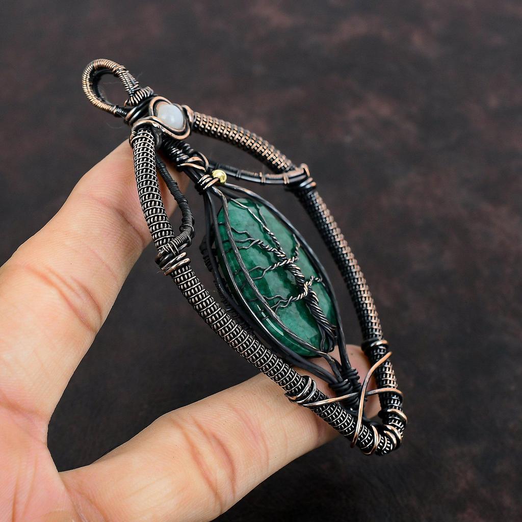 Древо жизни ограненный замбийский изумруд кулон медная проволока обернутый кулон лунный камень ручной работы медные украшения для подарка драгоценный камень кулон