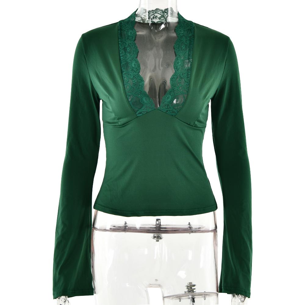 Сексуальный тонкий кружевной топ с длинным рукавом и V-образным вырезом