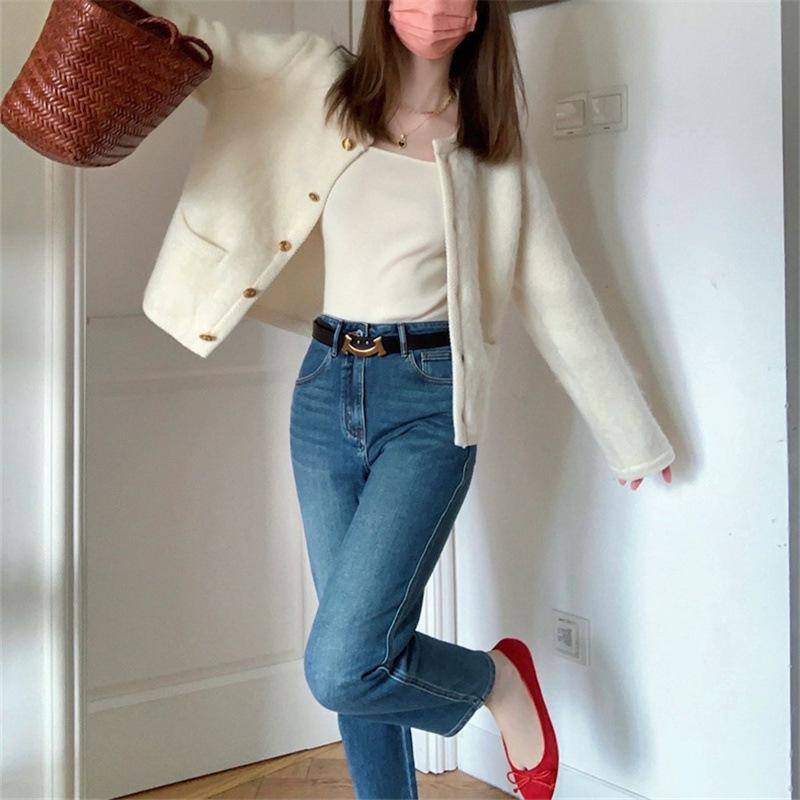 Женский короткий белый свитер, пальто, элегантный короткий топ с длинным рукавом, женский топ, повседневная свободная куртка, пальто