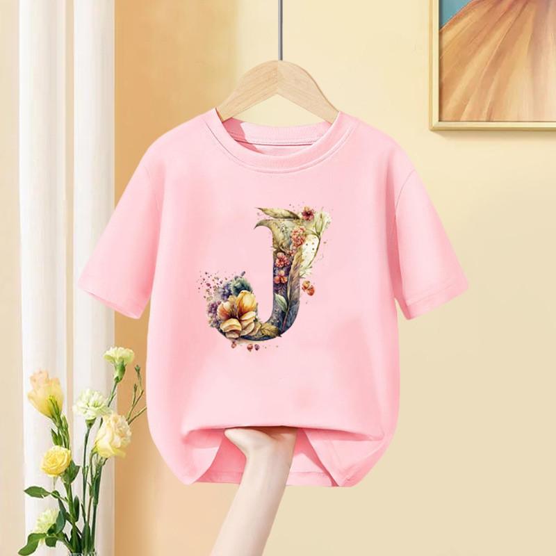 Девочки Футболка С Пользовательским Именем Комбинация Букв Принт Футболка Цветочный Буквенный Шрифт A B C D E F G Короткий Рукав Детские Розовые Топы