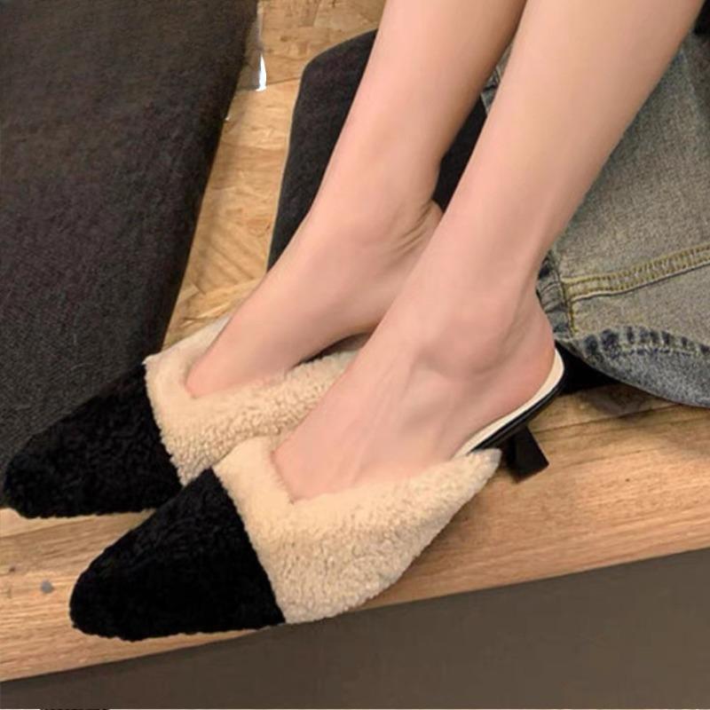 Sexy Pointed Toe Fur Slippers Women Heels Shoes Winter Elegant Mules Shoes 2024 New Fashion Flip Flops Slingback Pumps Sandals