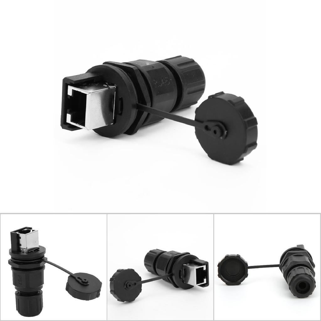 RJ45 Ethernet Connector 180° Water Dust Proof RJ45 Adapter Black Outdoor 8 Pin Post Installation Cou