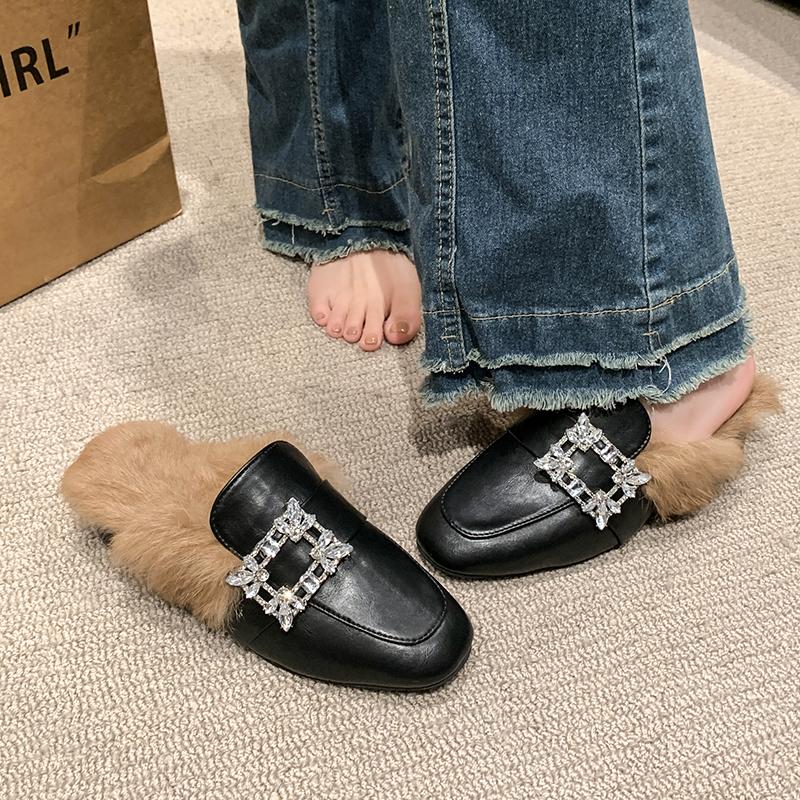 Модные зимние тапочки Aphixta с квадратной хрустальной пряжкой, из натурального меха, женские мюли, пушистая обувь, квадратный носок, средний каблук 4,5 см, современные шлепанцы черного цвета