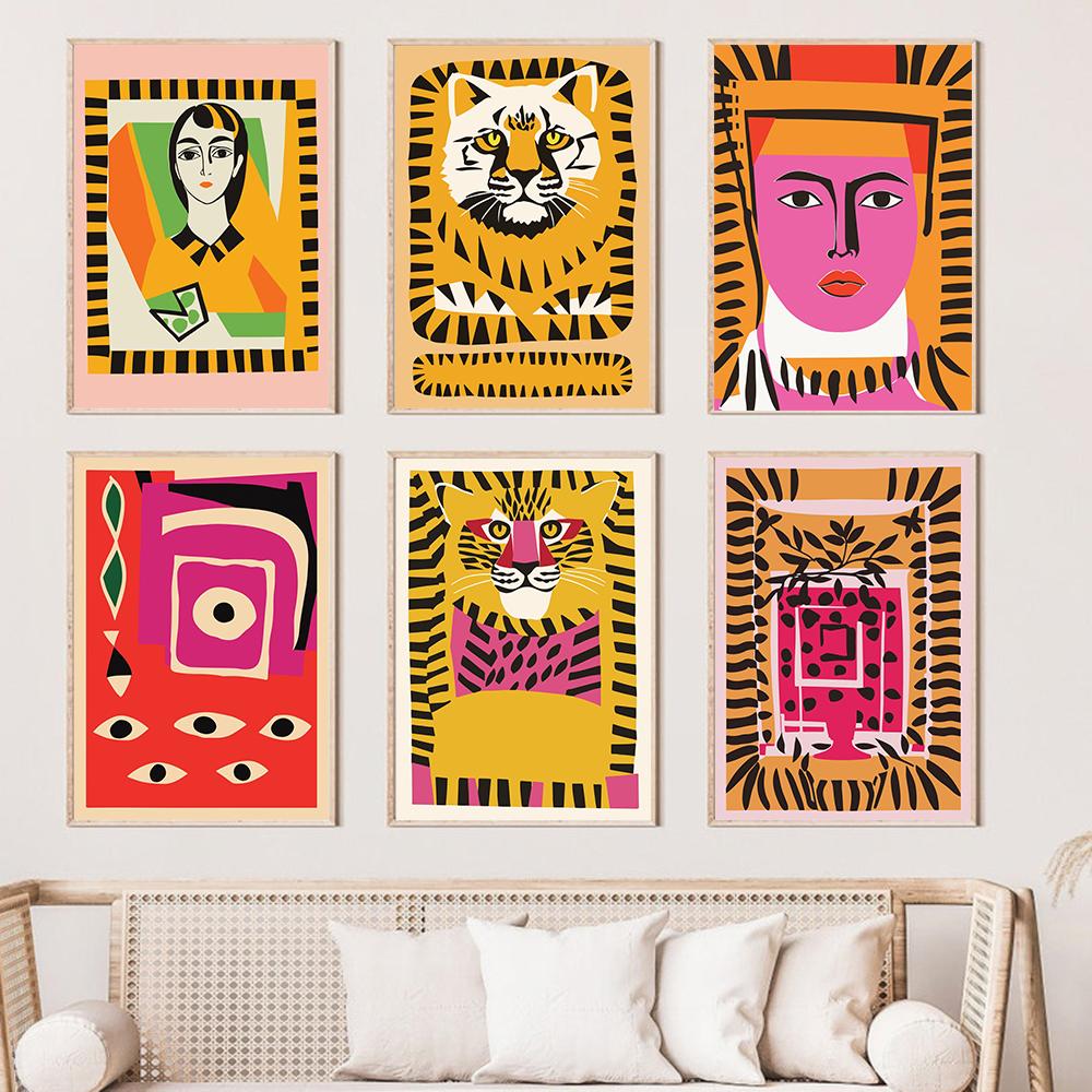 Bohemian Abstract Tiger Paper Cutouts Art Poster Print Egyptian Garden Artwork French Woman Canvas Painting Wall Room Home Decor