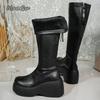 Short Plush Women's Knee-High Boots Autumn Winter Thick Sole Long Boots Black PU Back Zip Platform Botas Largas Mujer Size 36-42