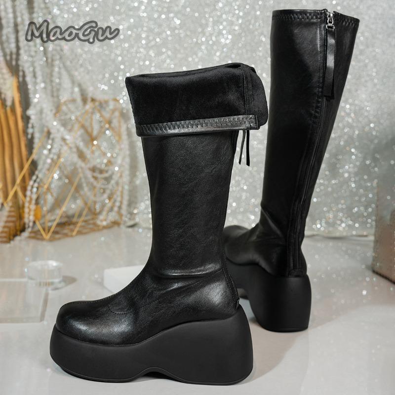 Short Plush Women's Knee-High Boots Autumn Winter Thick Sole Long Boots Black PU Back Zip Platform Botas Largas Mujer Size 36-42