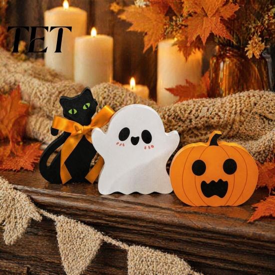 Wooden Ghost Pumpkin Black Cat Ornaments 3Pcs/Set Halloween Tiered Tray Decorations, Cute Small Figurine Set Ornaments, Block Table Signs for