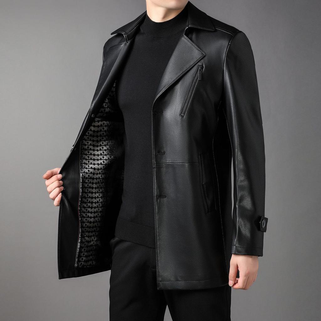 New Genuine Leather Men's Mid-length Windbreaker Leather Coat, Trendy and Handsome Suit Collar Jacket for Young and Middle-aged People