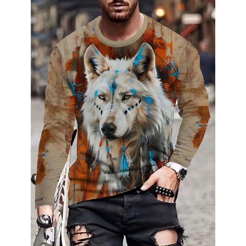 Spring and Autumn Round Neck Animal Pattern 3D Printed Top Fashionable Casual Long Sleeved Men's T-shirts