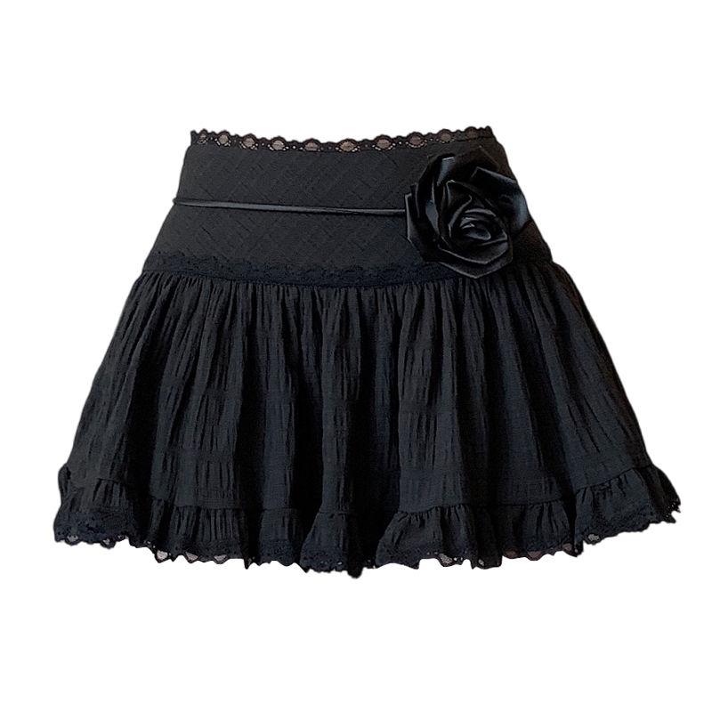 Sweet Elegant Loose Lace Short Skirt Women France Solid High Waist Ruffle Mini Skirts Female Summer Thin Lace Up Skirt