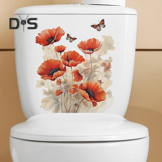 Красный цветок бабочки стикер на унитаз Съемный самоклеящийся водонепроницаемый ПВХ Гостиная Ванная комната Настенное искусство Цветочная крышка унитаза Украшение Наклейка