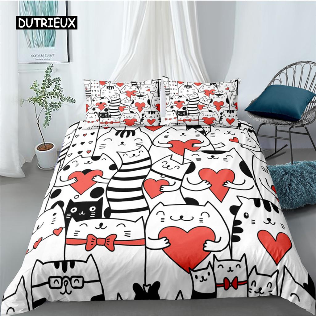 Cartoon Cat Duvet Cover Set for Kids Girl Microfiber Kitten 2/3pcs Cartoon Animal Bedding Set Single Twin Queen King Quilt Cover