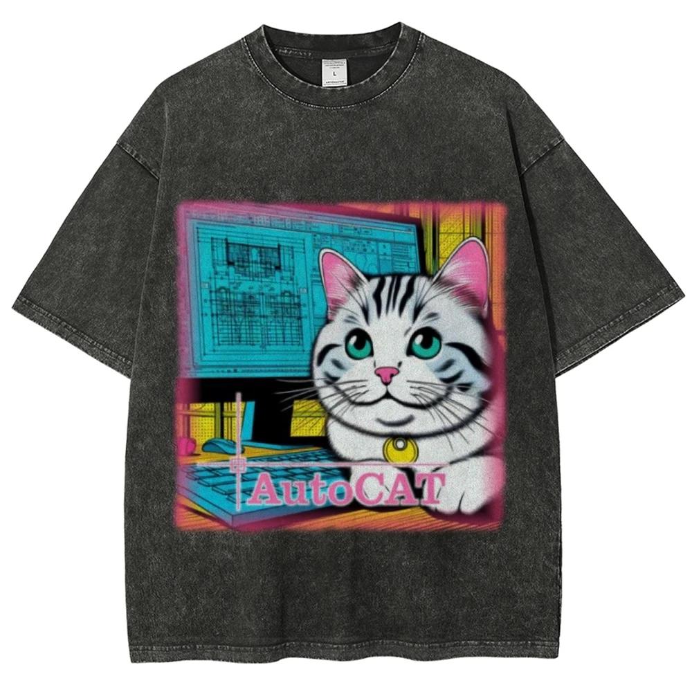 Винтажная ретро футболка с эффектом стирки, с принтом милого мультяшного кота с большими глазами, летняя, мужская и женская, свободного кроя, с коротким рукавом