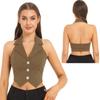 Women's Fashion Solid Color Crop Tops Lapel Halter Backless Button Down Pointed Hem Vest for Party Casual