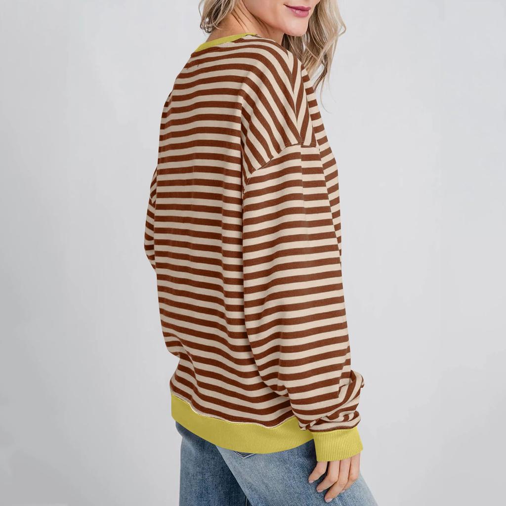 Women's Oversized Striped Color Blocking Long Sleeved Round Neck Sports Shirt Casual Loose Fitting Pullover Shirt Top
