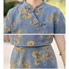 Fashion Chinese Style Denim Skirt Set Women Summer Floral Print Two Piece Outfit with Knot Buttons
