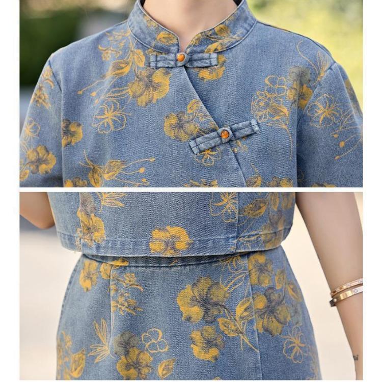 Fashion Chinese Style Denim Skirt Set Women Summer Floral Print Two Piece Outfit with Knot Buttons