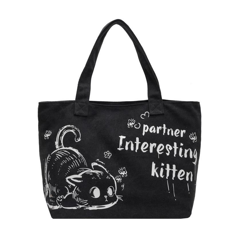 Мультяшная холщовая сумка с надписью «кот» женская 2025 осень и зима новая большая вместительная сумка через плечо универсальная сумка-тоут