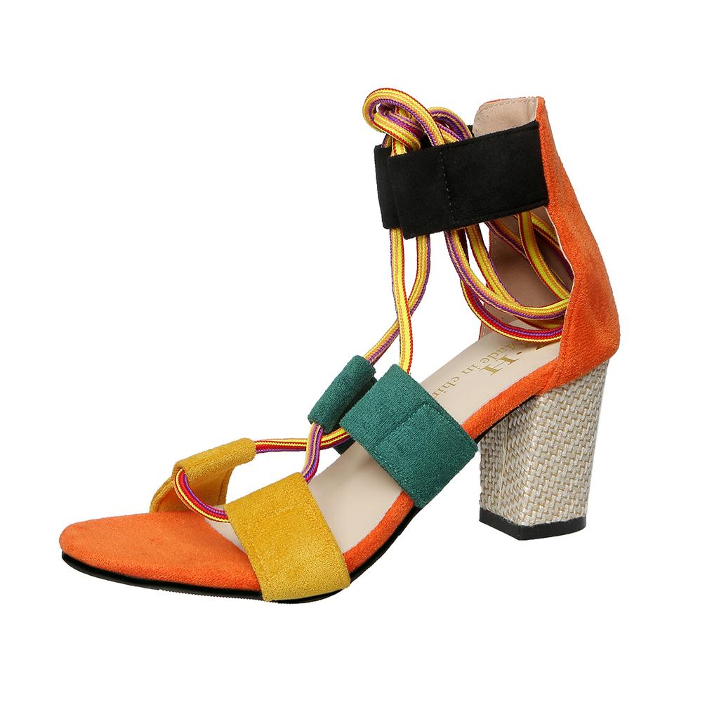 Fashion Multicolor Block Heel Sandals Summer New Round Toe Open Toe Front Strappy Anti-Slip Wear-Resistant High Heels