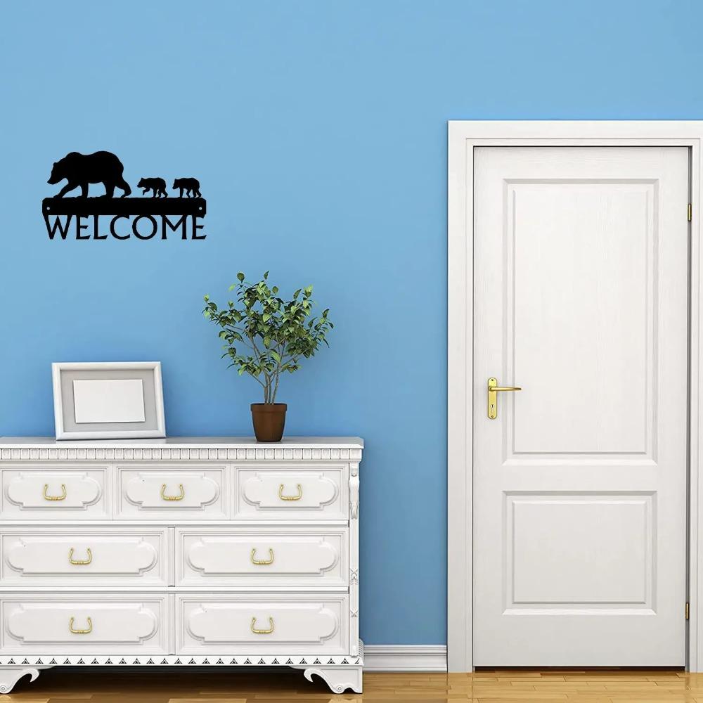Bear & Cubs Welcome Sign - 12" X 6.5" Metal Wall Art for Rustic Home Décor,and Charming Cabin Entrance with Bear Family Design
