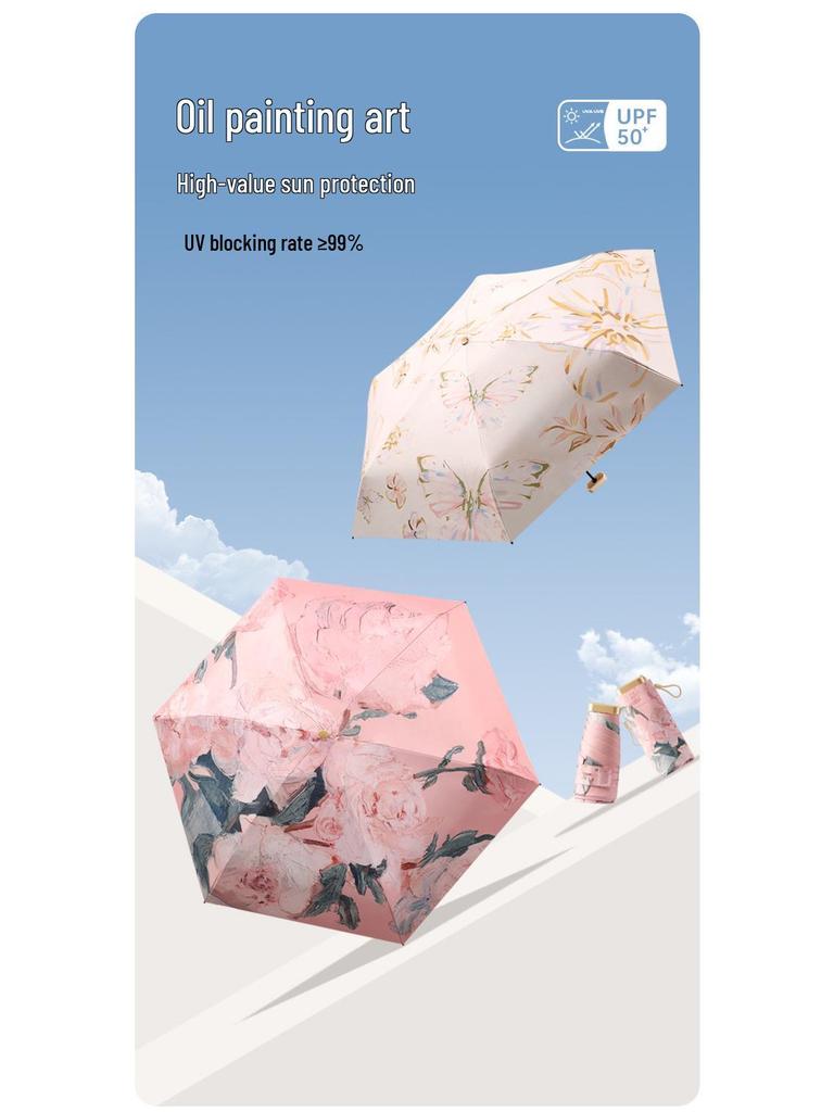 Oil Painting Capsule Umbrella: Five-Fold Mini, Sunny and Rainy Dual-Use, Sunscreen Sunshade with Print Logo