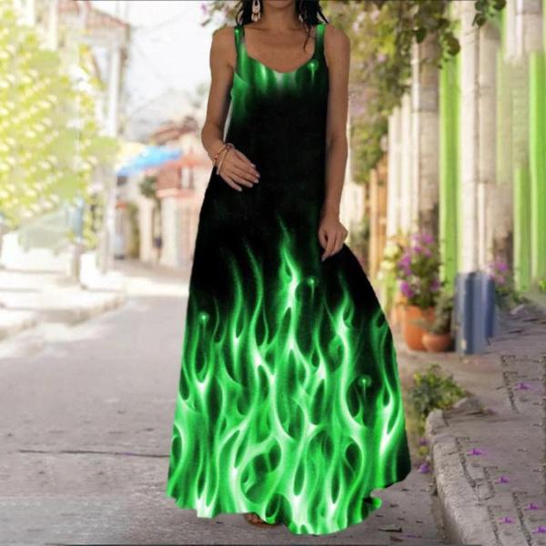 Women's Dresses Fashion Lightweight Sleeveless Party Long Dresses Loose Spaghetti Strap Tie Dye 3D Printed Maxi Dresses Casual V Neck Swing Dress