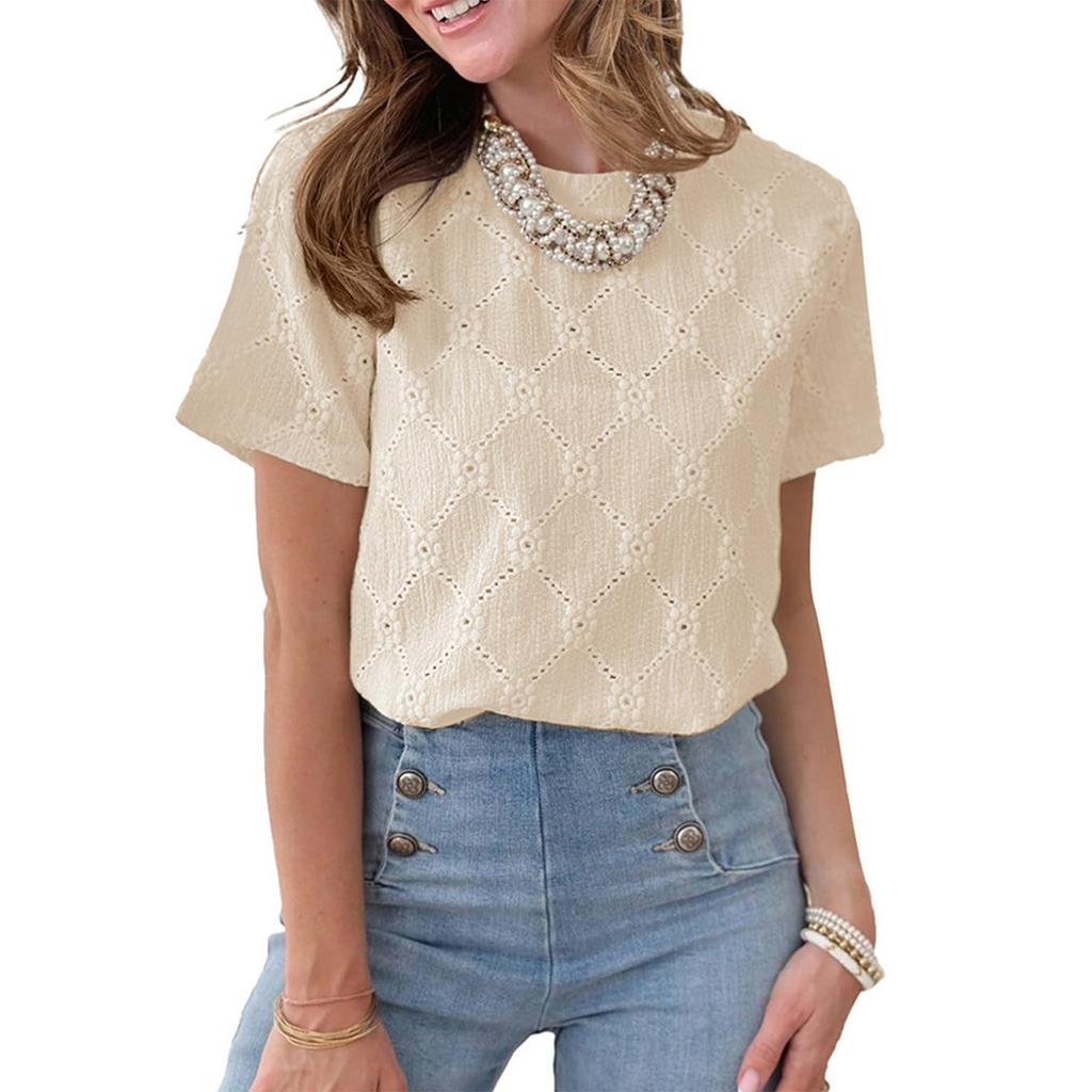 Women's Fashion Solid Color Round Neck Short Sleeved Pullover T-shirt Top