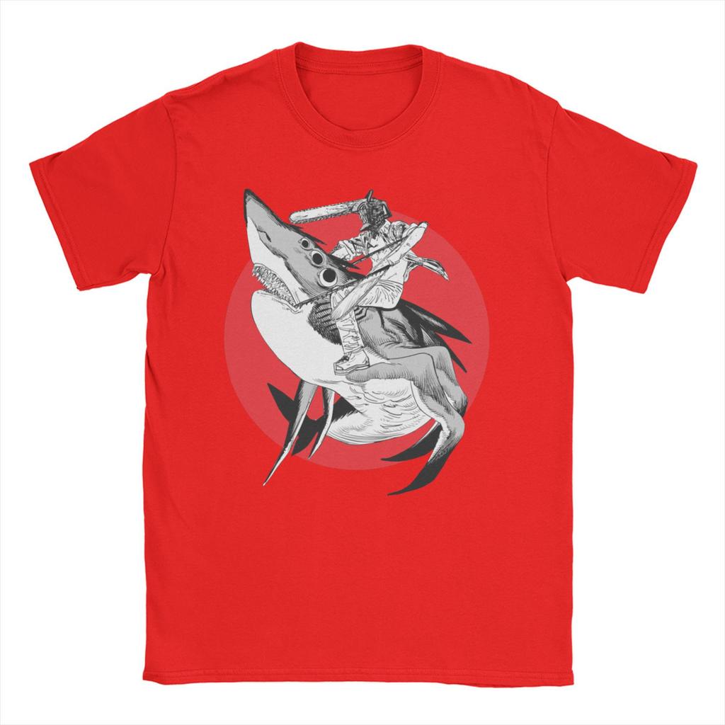 Shark and Denji T Shirts for Men Women Pure Cotton Awesome T-Shirt O Neck Chainsaw Man Manga Devil Makima Anime Tee Shirt  6XL