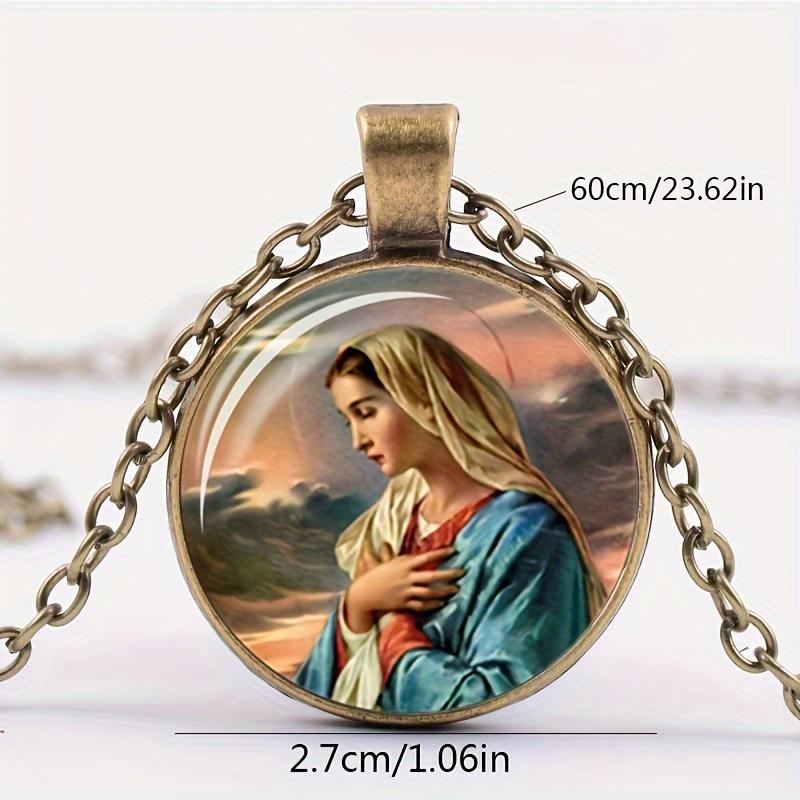 Vintage Jesus Virgin Mary Necklace Time Gemstone Glass Alloy Material Necklace