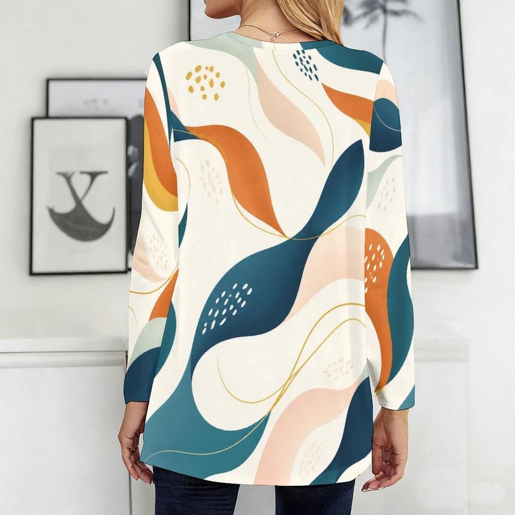 Women Plus Size Round Neck Long Sleeve Abstract Print Loose Longline T Shirt With Pockets
