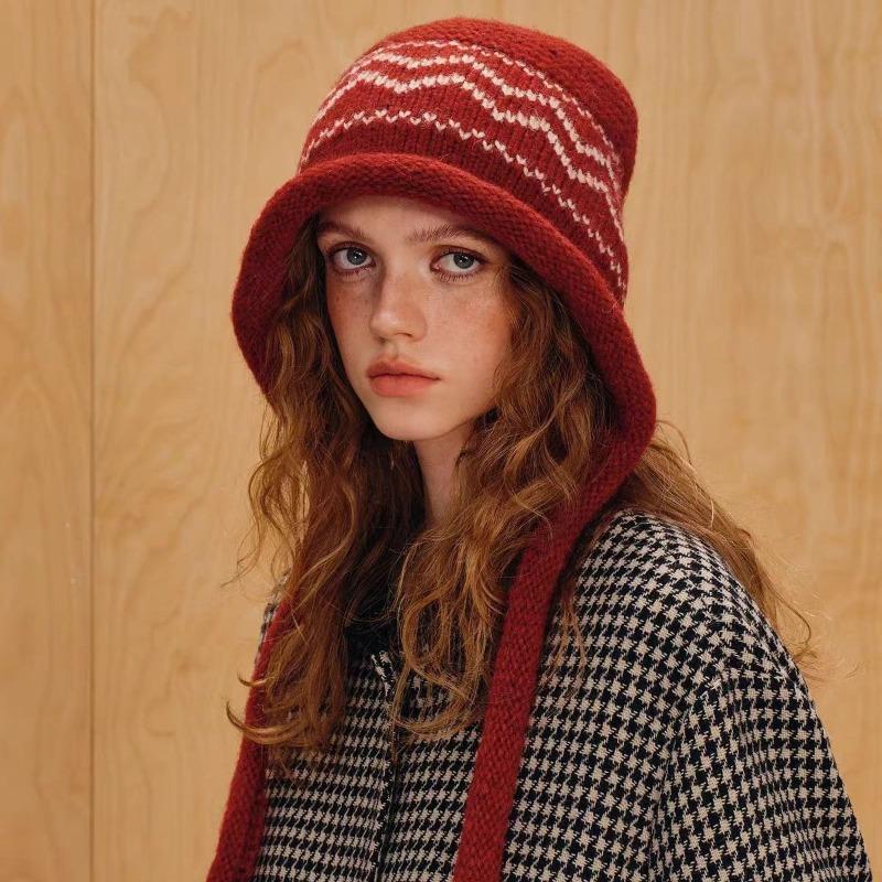Women Red Fair Isle Knit Hat Warm Earmuff Travel Large Head Size Hat