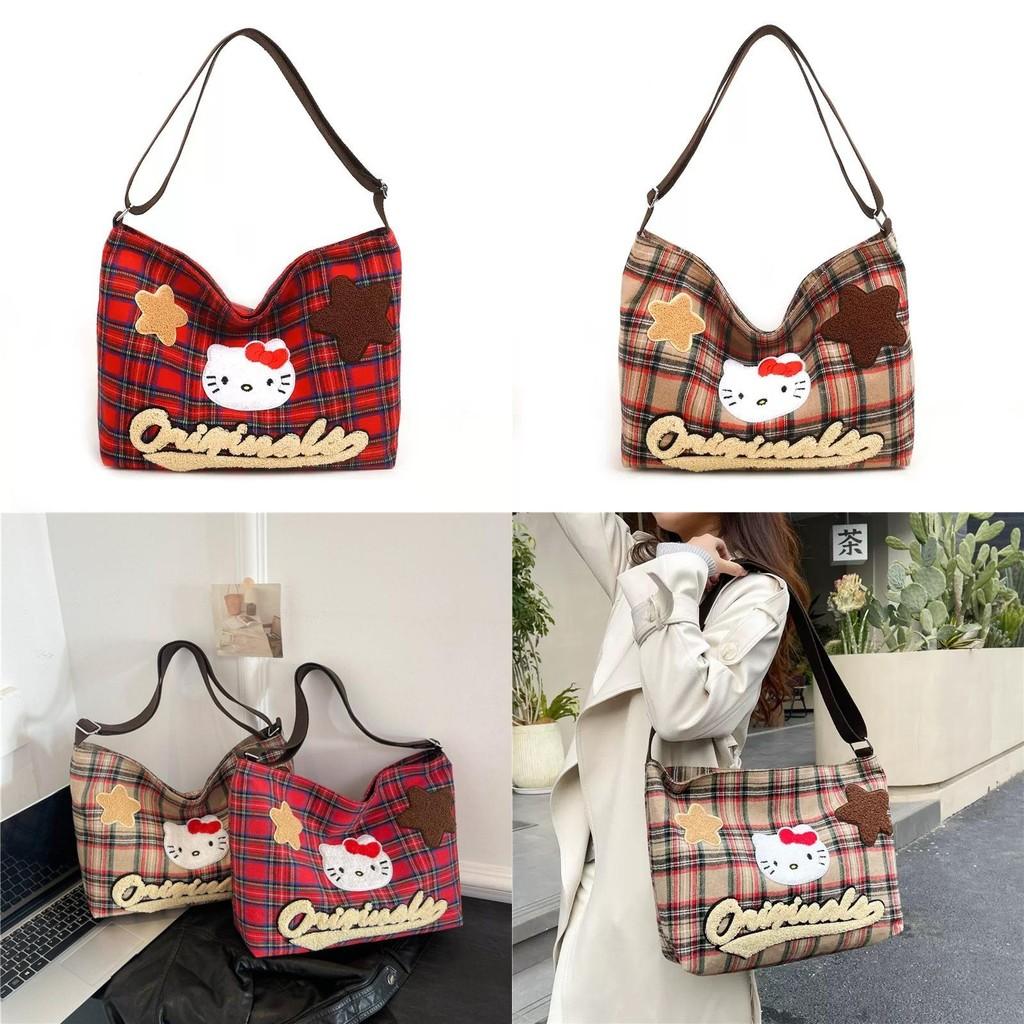 Канвасная сумка через плечо Hello Kitty для женщин и мужчин, большая вместимость, с вышивкой в виде мультфильма